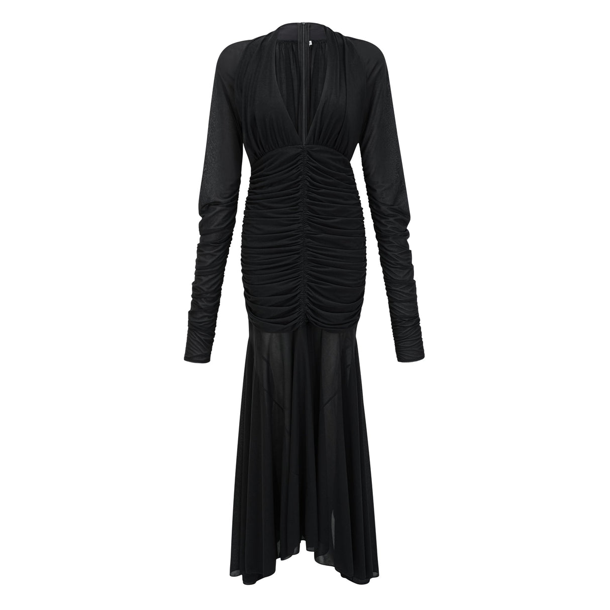 Aurohaya Greta Black Ruched Sheer Mesh Maxi Dress