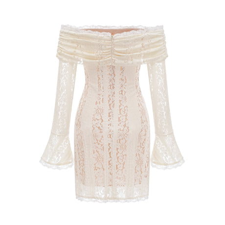Aurohaya Émeline floral lace flared-cuff mini dress in Neutrals