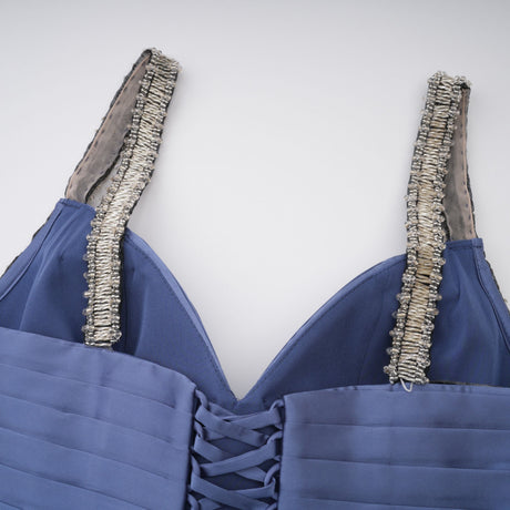 Aurohaya Angelína Blue Diagonal Pleated Gathered Maxi Gown