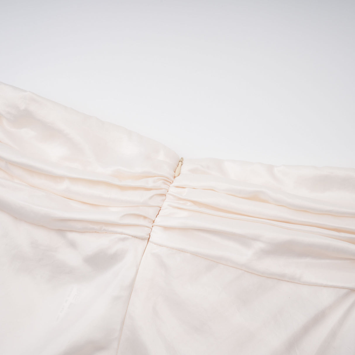 Aurohaya Lilla Beige Strapless Ruffled Satin Maxi Dress