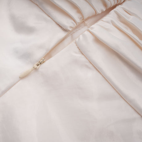 Aurohaya Lilla Beige Strapless Ruffled Satin Maxi Dress