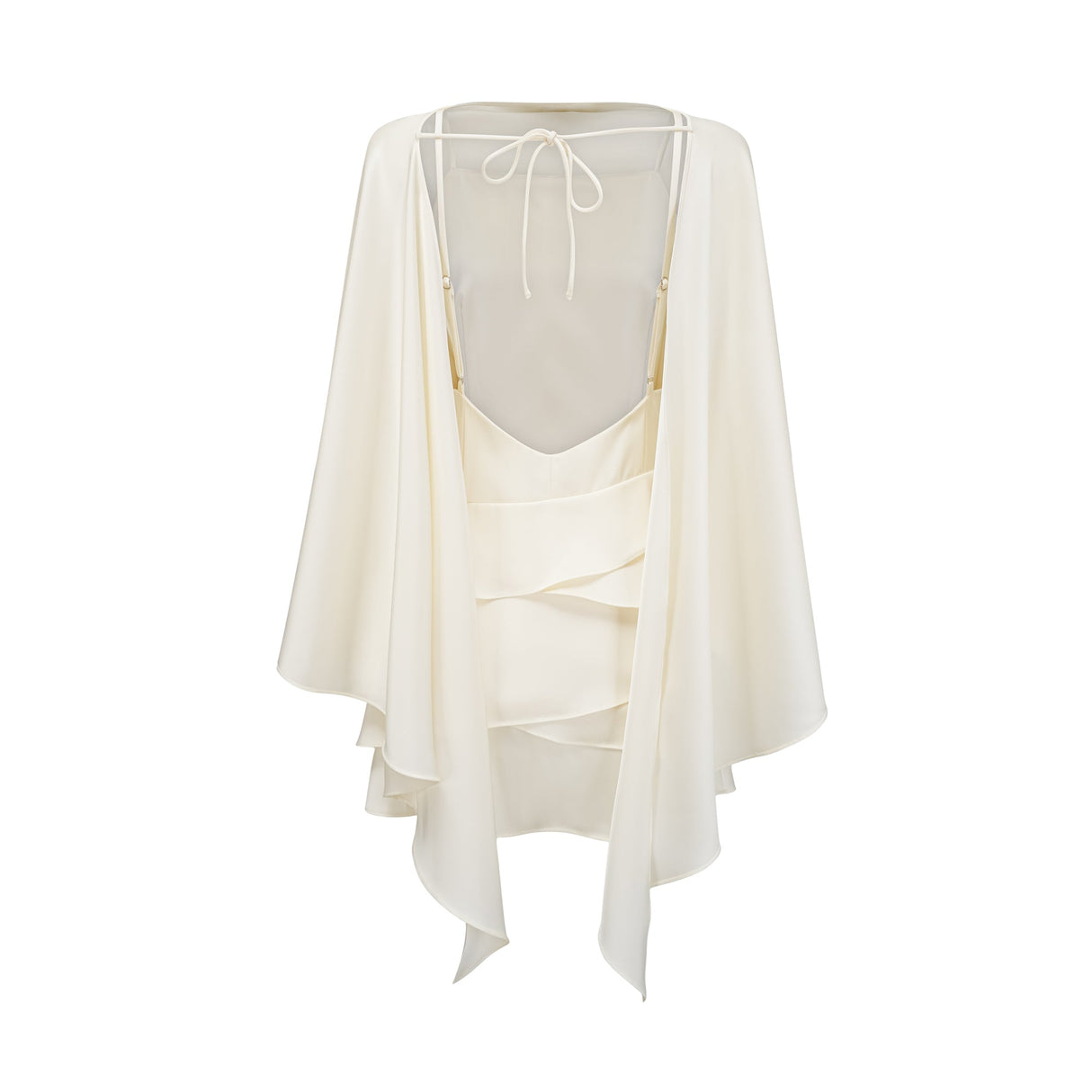 Aurohaya Lyna White Satin Ruffled Mini Dress with Shawl Panel Detail