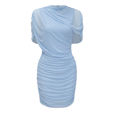 Aurohaya Sylphe Baby-Blue Asymmetrical Pleated Sleeveless Mini Dress