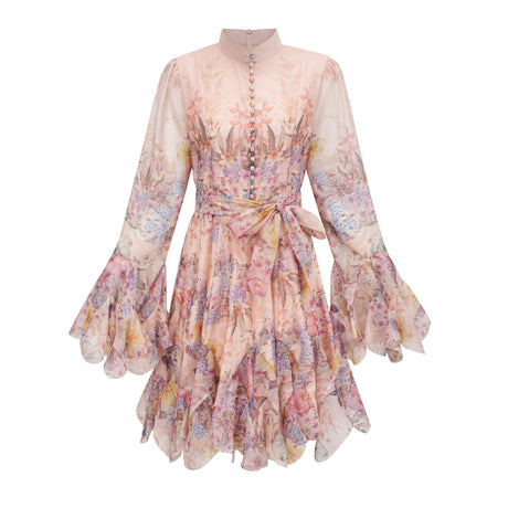 Aurohaya Aya Pink Godet Floral Mini Dress