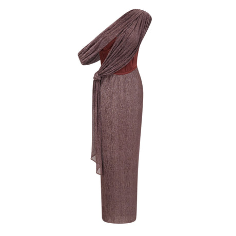 Aurohaya Delphine ribbon-design corset maxi dress in Brown