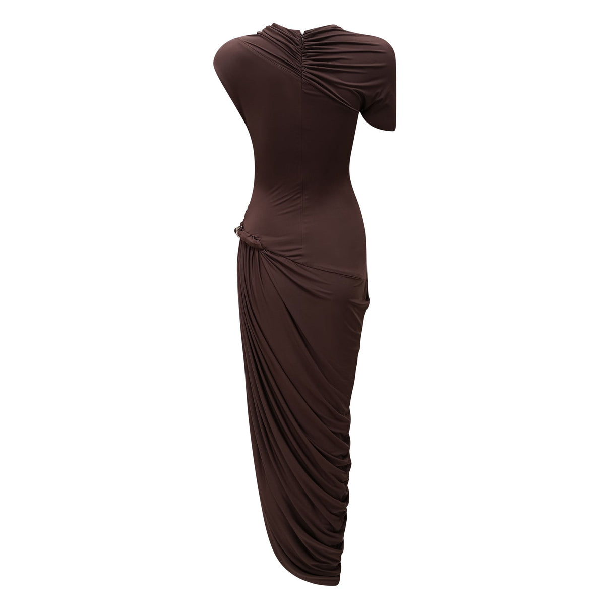 Aurohaya Prune Brown Night Out Asymmetrical Ruched Midi Dress