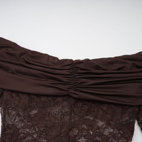 Aurohaya Brigitte Brown Lace Panel Ruched Maxi Dress