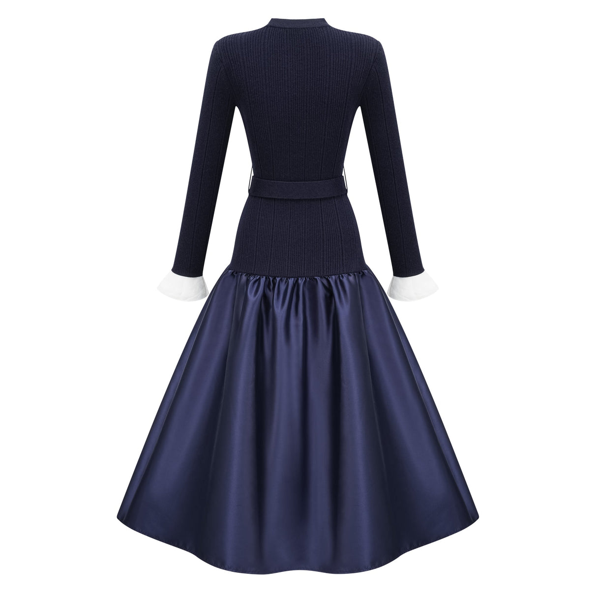 Aurohaya Fern Navy Blue Satin Panel Knit Midi Dress