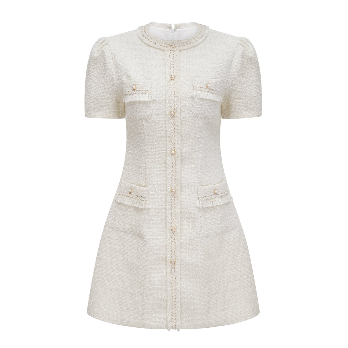 Aurohaya Gaëlle White Faux Pearl Tweed Mini Dress