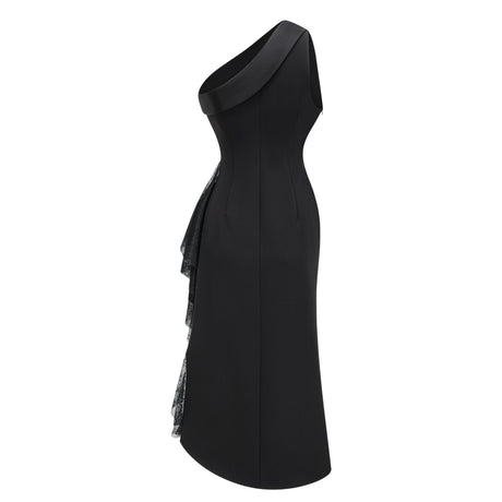 Aurohaya Bernadette black lace-panell asymmetrical midi dress