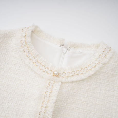 Aurohaya Gaëlle White Faux Pearl Tweed Mini Dress