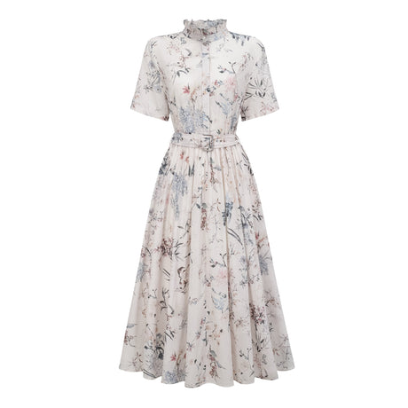 Aurohaya Héloïse White Floral Print Summer Midi Dress