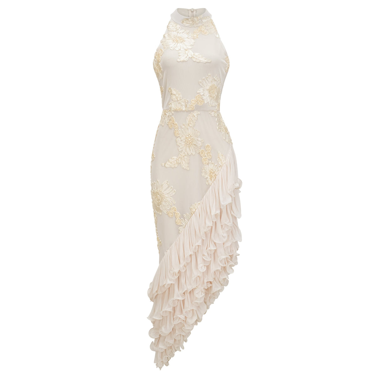 Aurohaya Théoline Neutral Asymmetrical Ruffled Floral Midi Dress