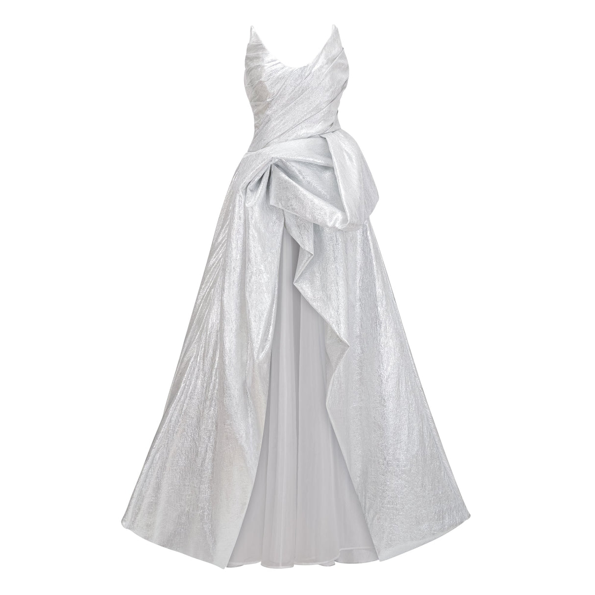 Aurohaya Adina Silver Glossy Asymmetrical Ruched Gown