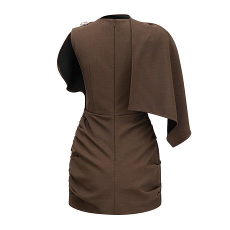 Aurohaya Francesca Brown Asymmetrical Gathered Mini Dress