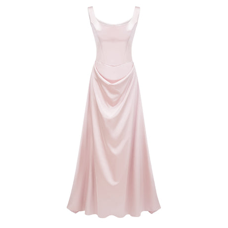 Aurohaya Fiona Pink Satin Square Neck Maxi Dress
