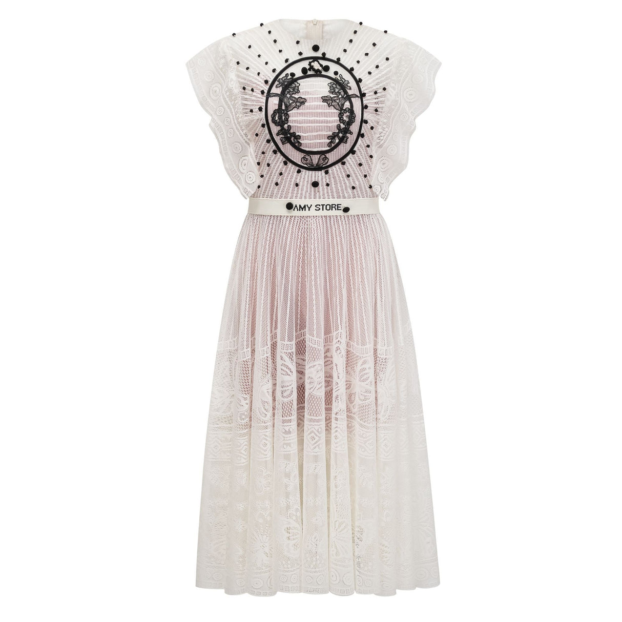 Aurohaya Phoebe white jacquard floral-lace pleated midi dress