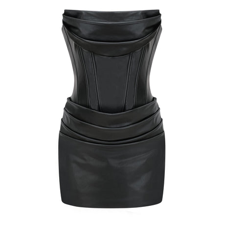 Aurohaya Agnes Black Ruched Leather Bodycon Mini Dress