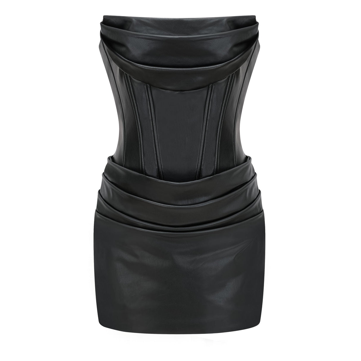 Aurohaya Agnes Black Ruched Leather Bodycon Mini Dress