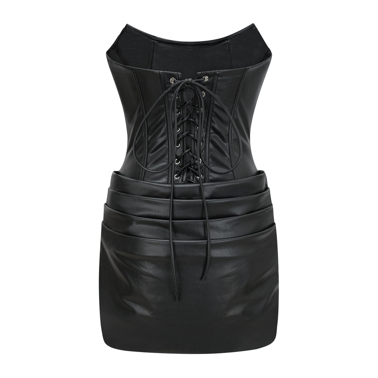 Aurohaya Agnes Black Ruched Leather Bodycon Mini Dress