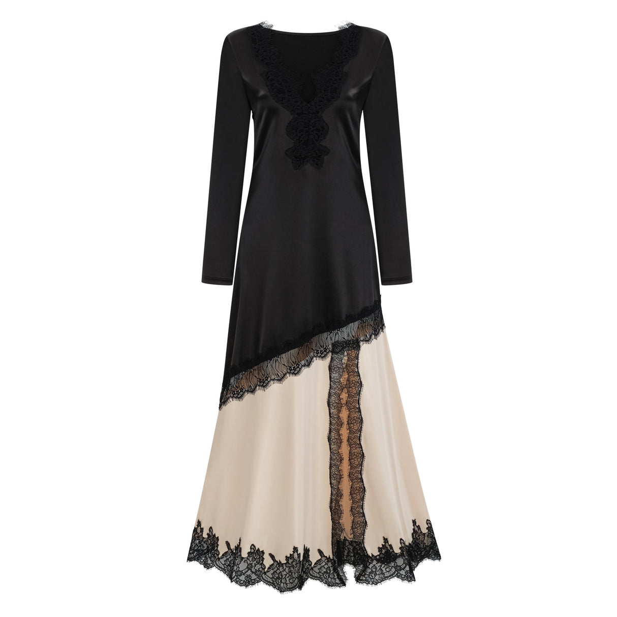 Aurohaya Raphaëlle Neutrals Lace Panel Satin Maxi Dress