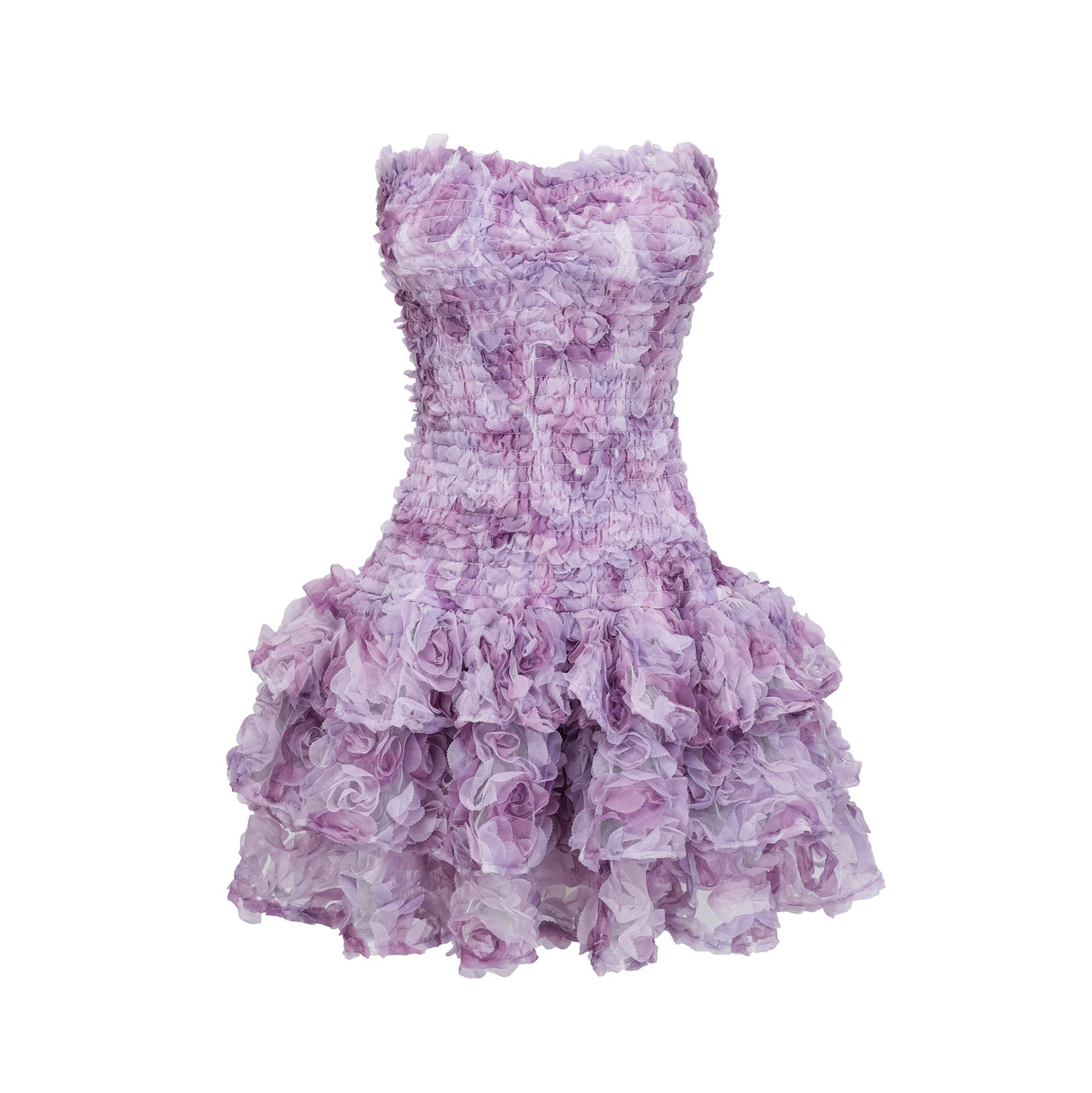 Aurohaya Mylène purple 3D-petal tiered tulle mini dress
