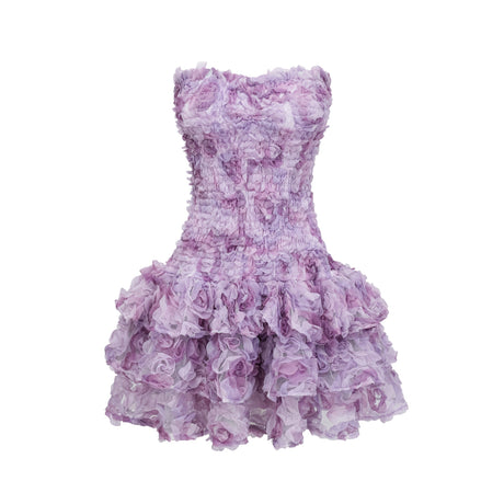 Aurohaya Mylène purple 3D-petal tiered tulle mini dress
