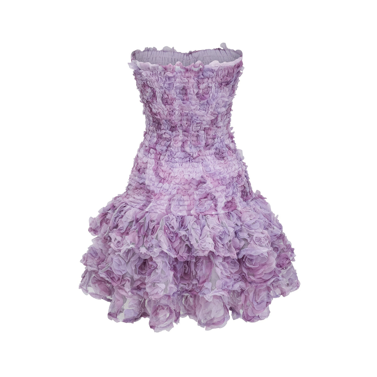 Aurohaya Mylène purple 3D-petal tiered tulle mini dress