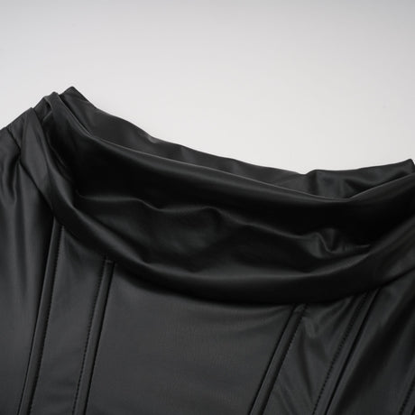 Aurohaya Agnes Black Ruched Leather Bodycon Mini Dress