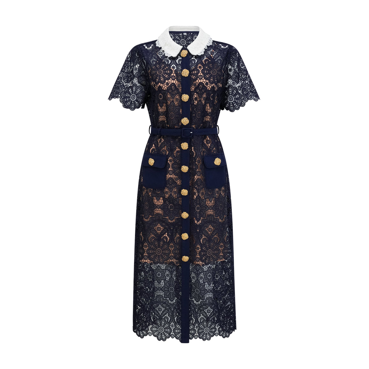 Aurohaya Ariane Navy Crochet-lace Midi Dress
