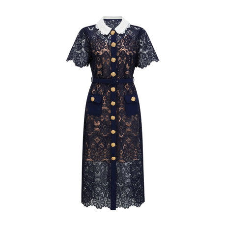 Aurohaya Ariane Navy Crochet-lace Midi Dress