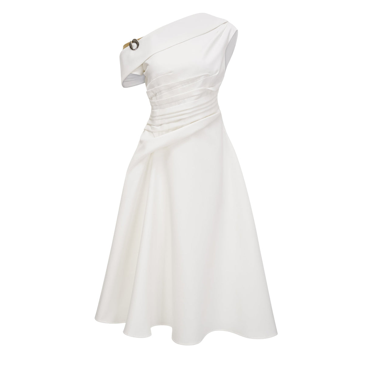 Aurohaya Blossom White One Shoulder Ruched Midi Dress