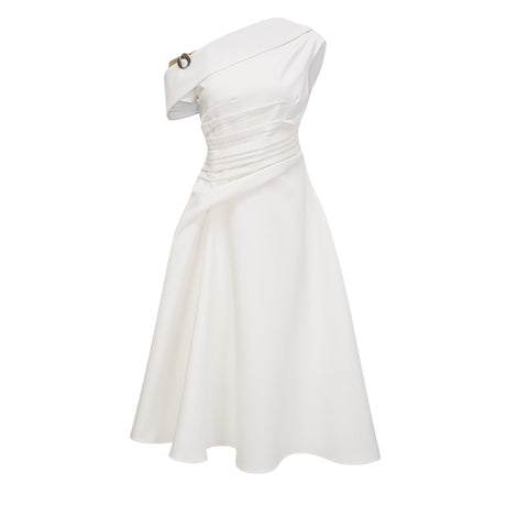 Aurohaya Blossom White One Shoulder Ruched Midi Dress