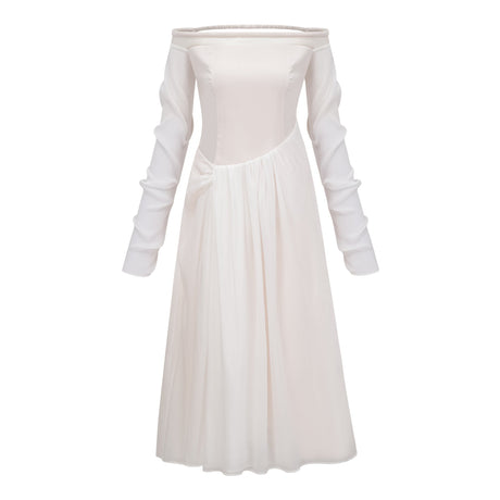 Aurohaya Gelsomina White Gathered Crepe Midi Dress