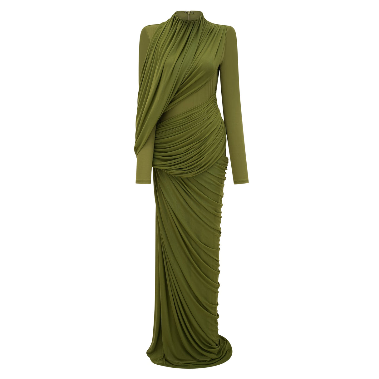 Aurohaya Arlette Green Asymmetrical Ruched Maxi Dress