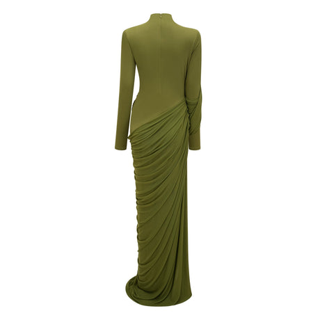 Aurohaya Arlette Green Asymmetrical Ruched Maxi Dress