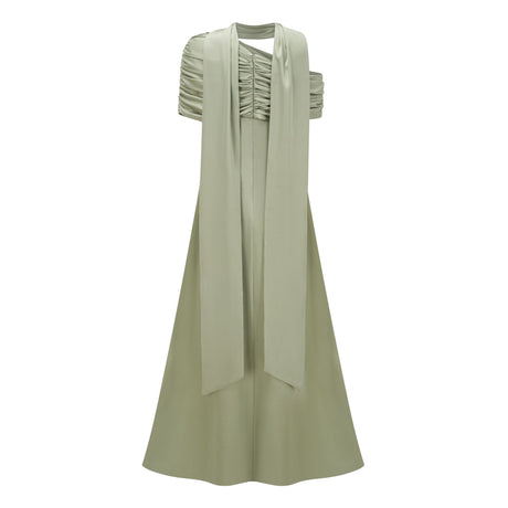 Aurohaya Benedetta Green One Shoulder Satin Maxi Dress