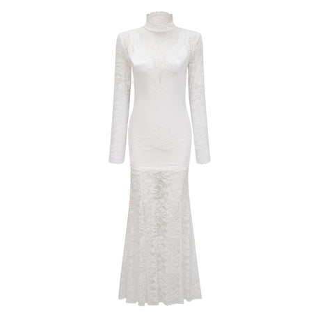 Aurohaya Airelle White Satin Panel Lace Maxi Dress