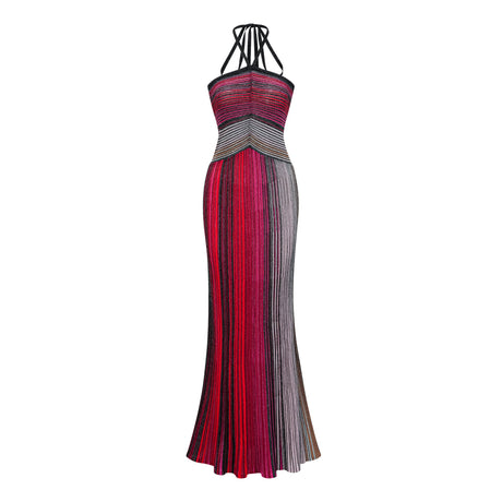 Aurohaya Ulysse Red Metallic Knit Halterneck Maxi Dress