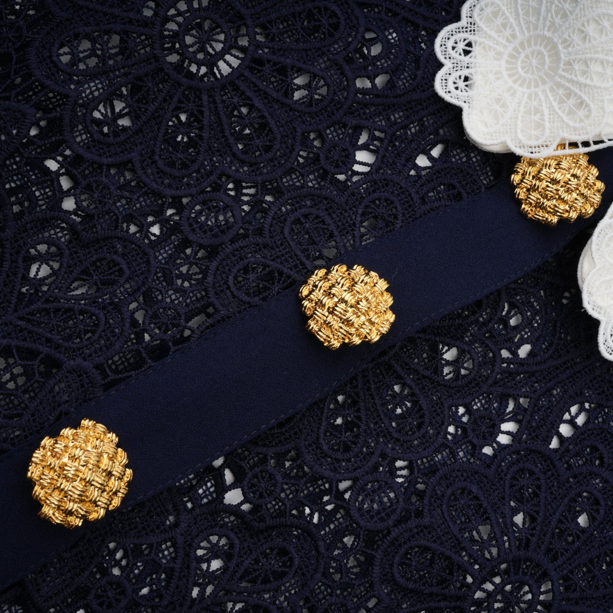 Aurohaya Ariane Navy Crochet-lace Midi Dress