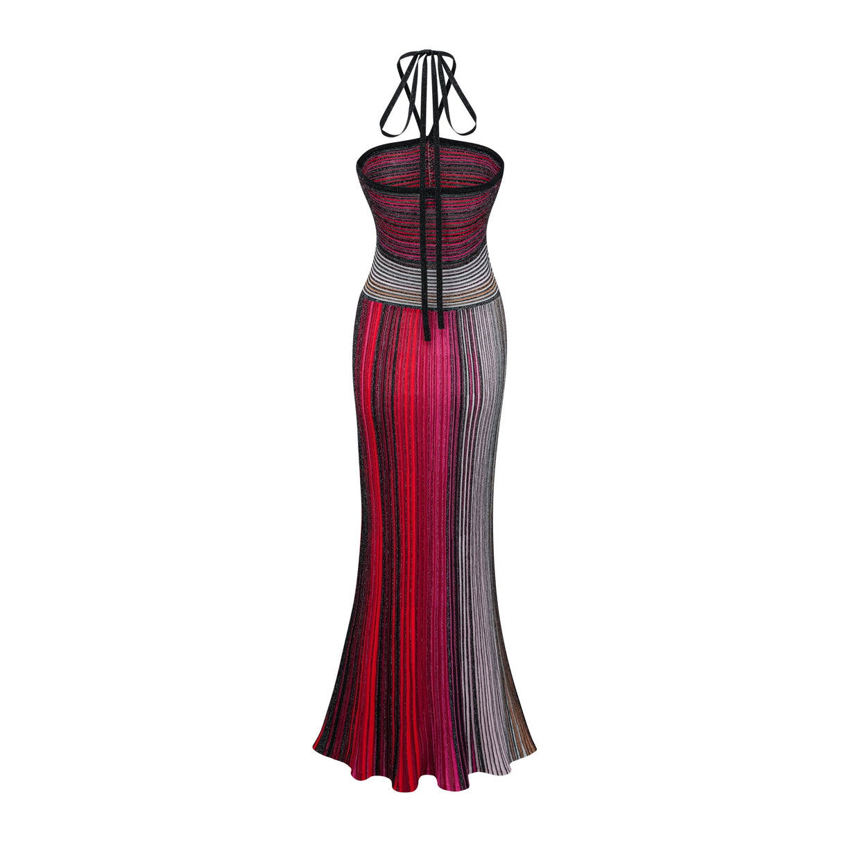 Aurohaya Ulysse Red Metallic Knit Halterneck Maxi Dress