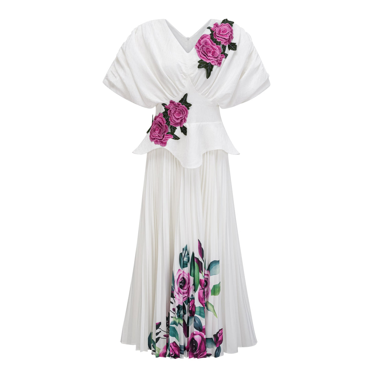 Aurohaya Pétale White Rose Appliqué Maxi Dress
