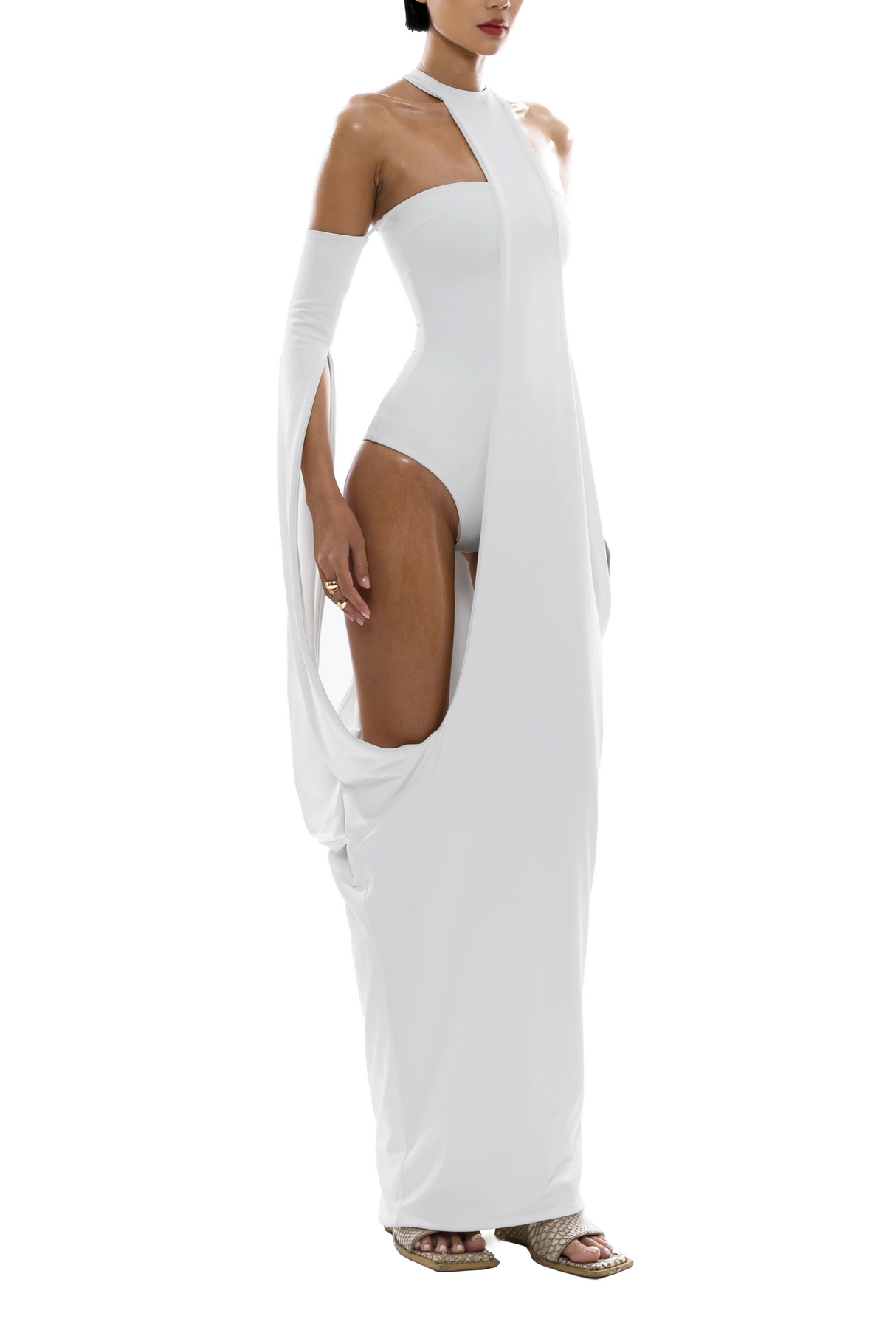 Aurohaya Elowen White Halter Neck Draped Maxi Dress