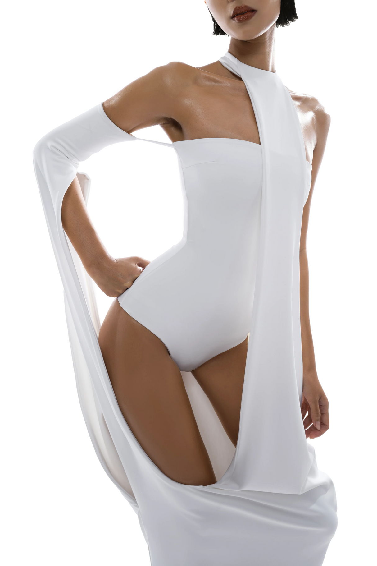 Aurohaya Elowen White Halter Neck Draped Maxi Dress