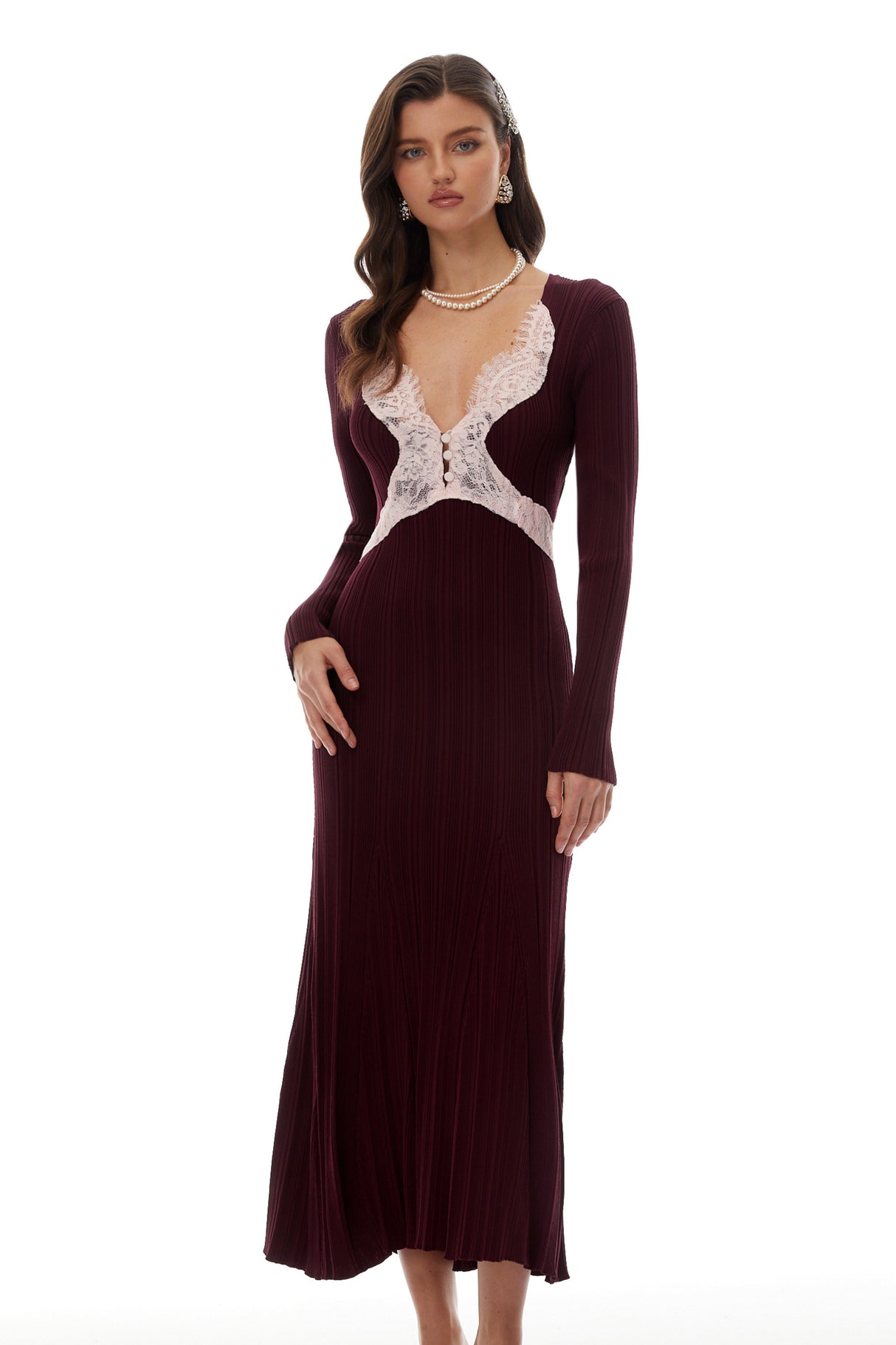 Aurohaya Dagný Burgundy Lace Trim Knit Midi Dress