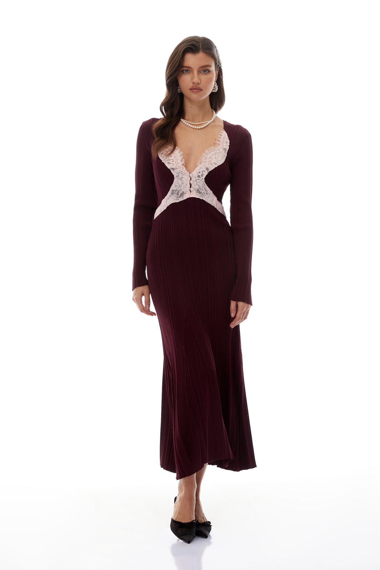 Aurohaya Dagný Burgundy Lace Trim Knit Midi Dress