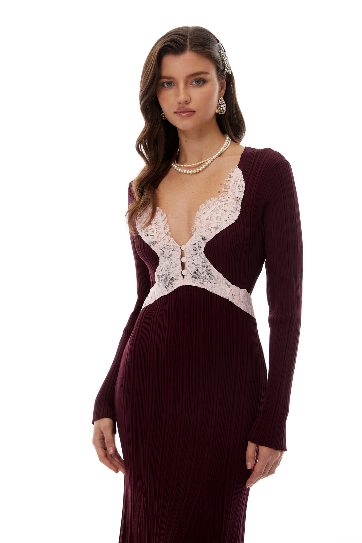 Aurohaya Dagný Burgundy Lace Trim Knit Midi Dress