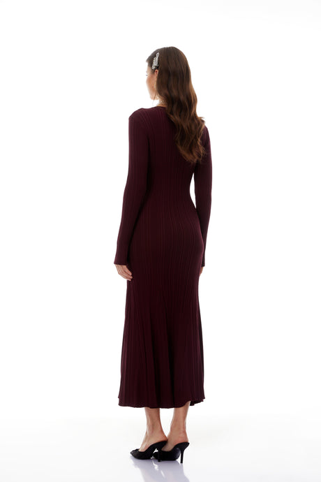 Aurohaya Dagný Burgundy Lace Trim Knit Midi Dress
