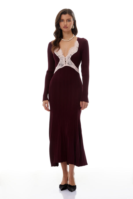 Aurohaya Dagný Burgundy Lace Trim Knit Midi Dress