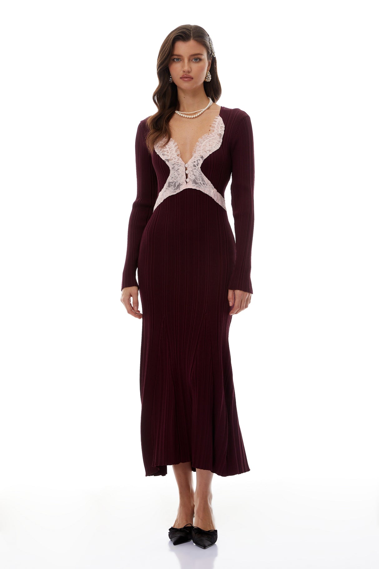 Aurohaya Dagný Burgundy Lace Trim Knit Midi Dress
